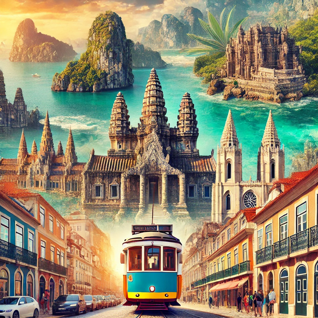 A vibrant collage showcasing Halong Bay's emerald waters, Angkor Wat's carvings, and Lisbon's colorful tram-lined streets