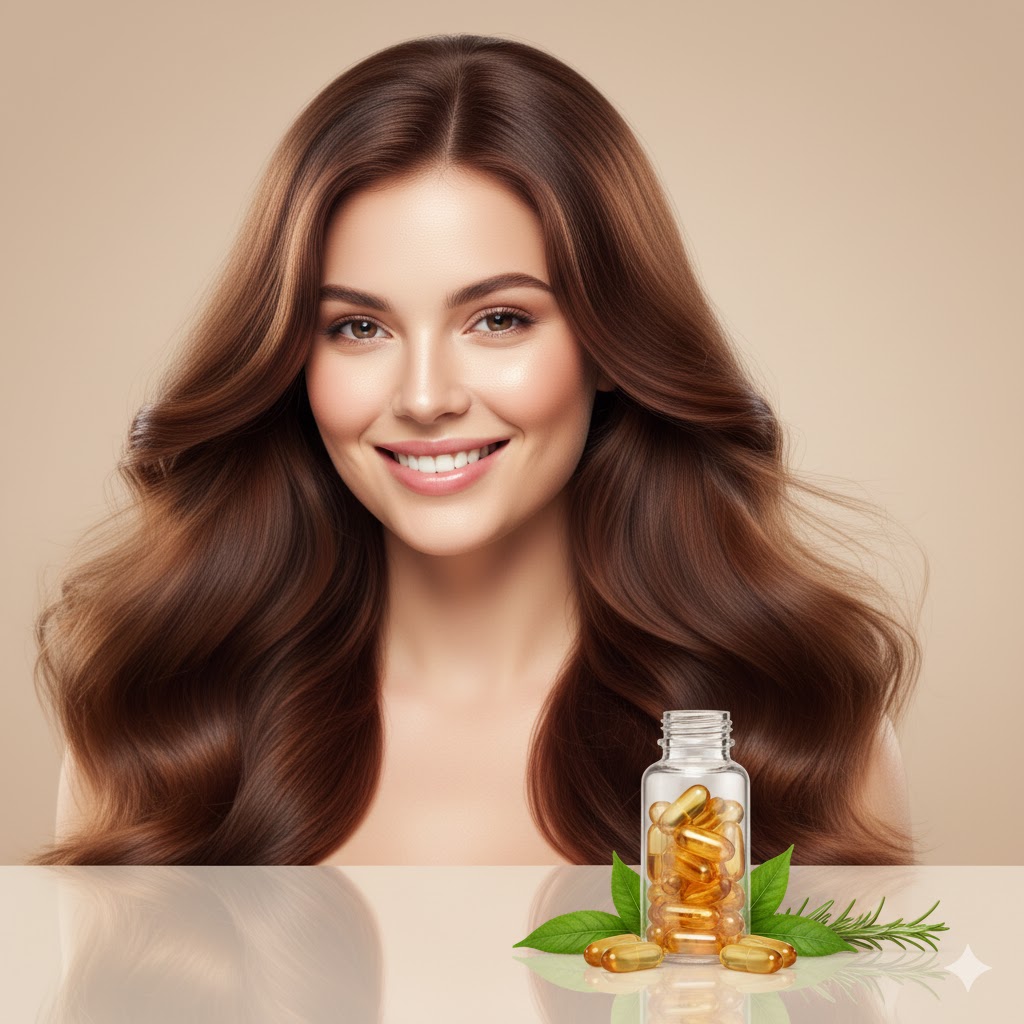 Shiny, wavy hair with supplements.